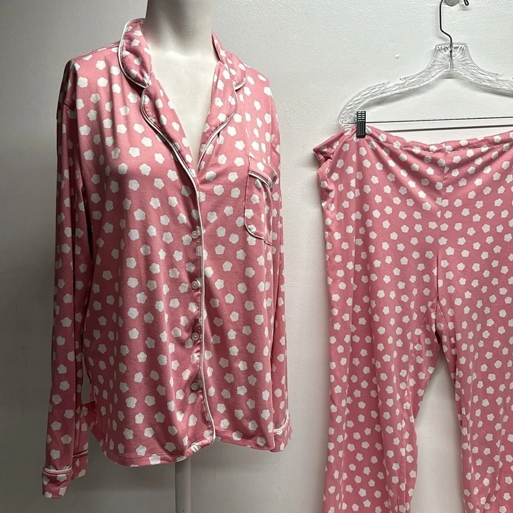Kate Spade Pajama Set 2 Piece Long Sleeve Button Down Shirt Pants Pink Large